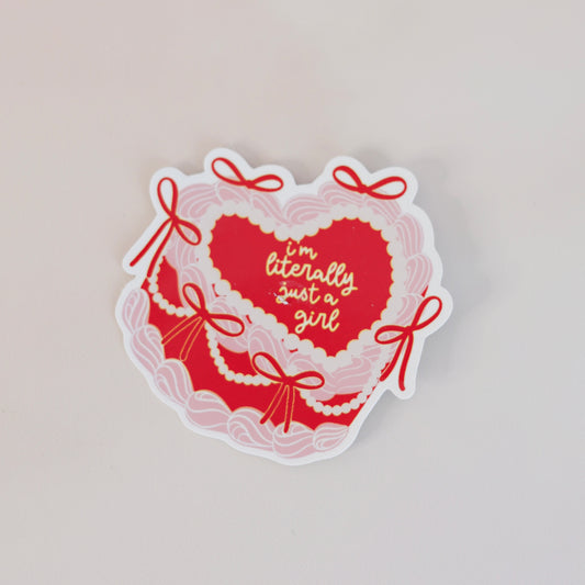 I'm literally just a girl preppy aesthetic sticker – cake with bows, pink and red lettering design