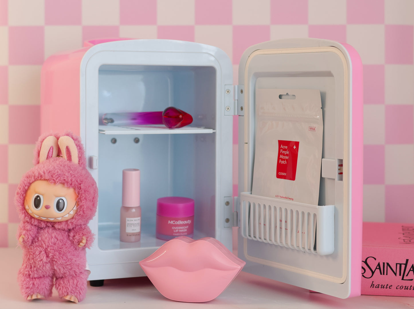Cool Girl Fridge in pastel bubblegum pink – styled on vanity desk with skincare, and aesthetic vinyl stickers and labubu