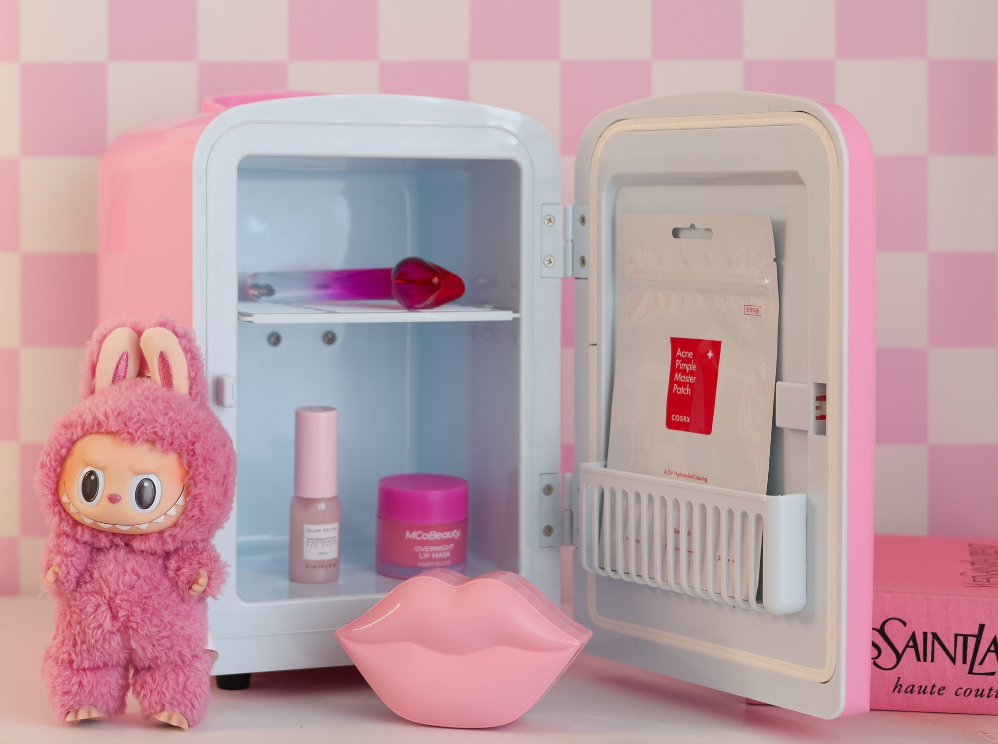 Cool Girl Fridge in pastel bubblegum pink – styled on vanity desk with skincare, and aesthetic vinyl stickers and labubu