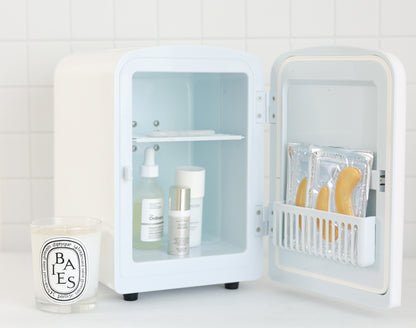 Cool Girl Fridge in vanilla white  – styled on vanity desk with skincare
