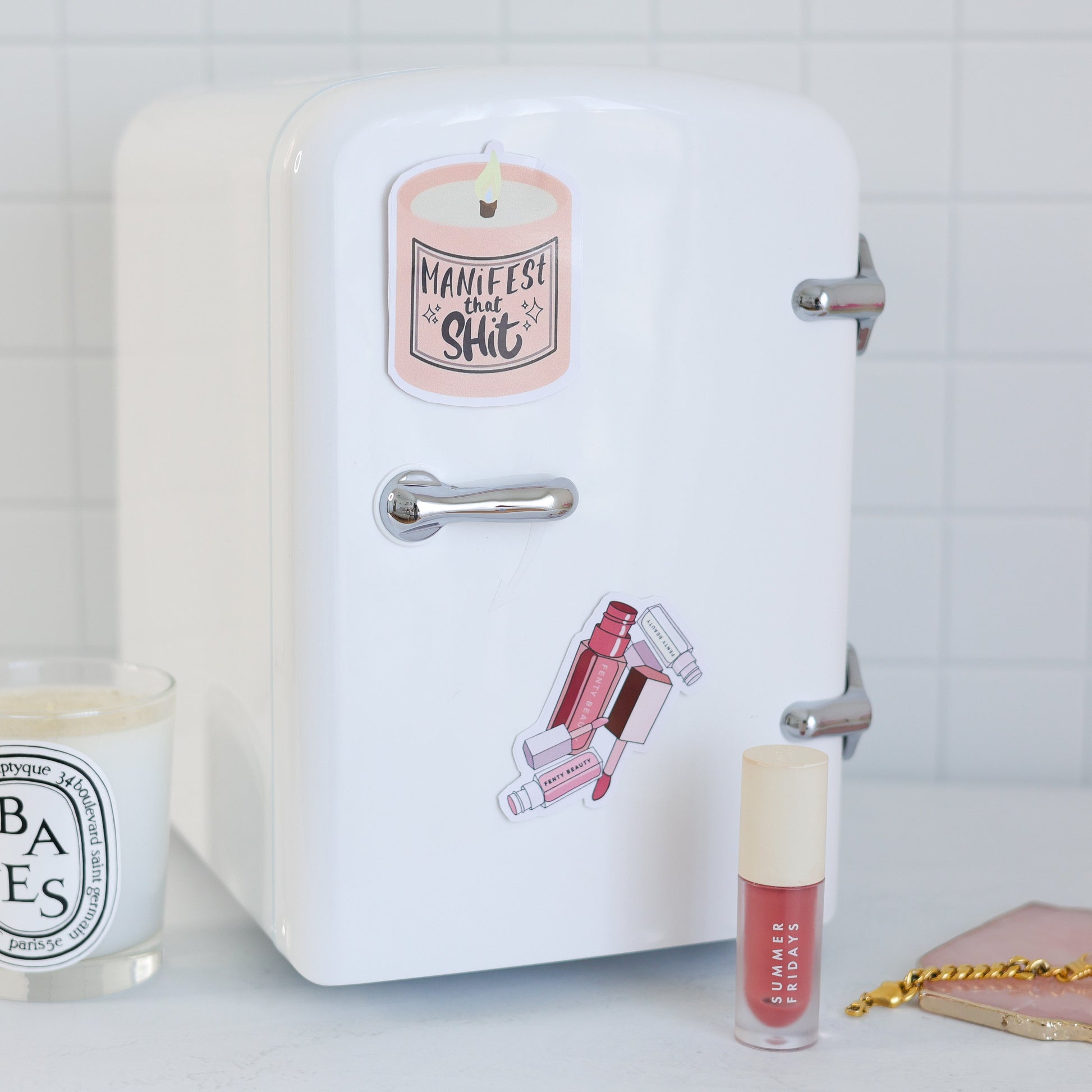Cool Girl Fridge in vanilla white – styled on vanity desk with skincare, and aesthetic vinyl stickers