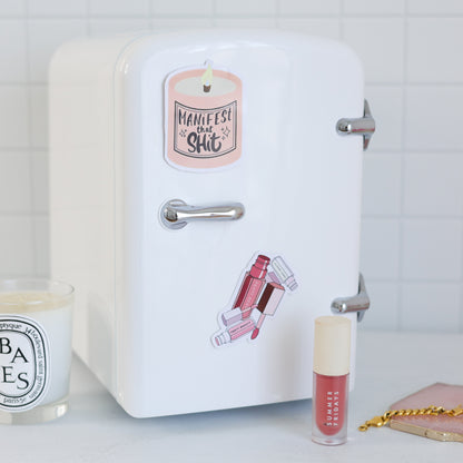 Cool Girl Fridge in vanilla white – styled on vanity desk with skincare, and aesthetic vinyl stickers