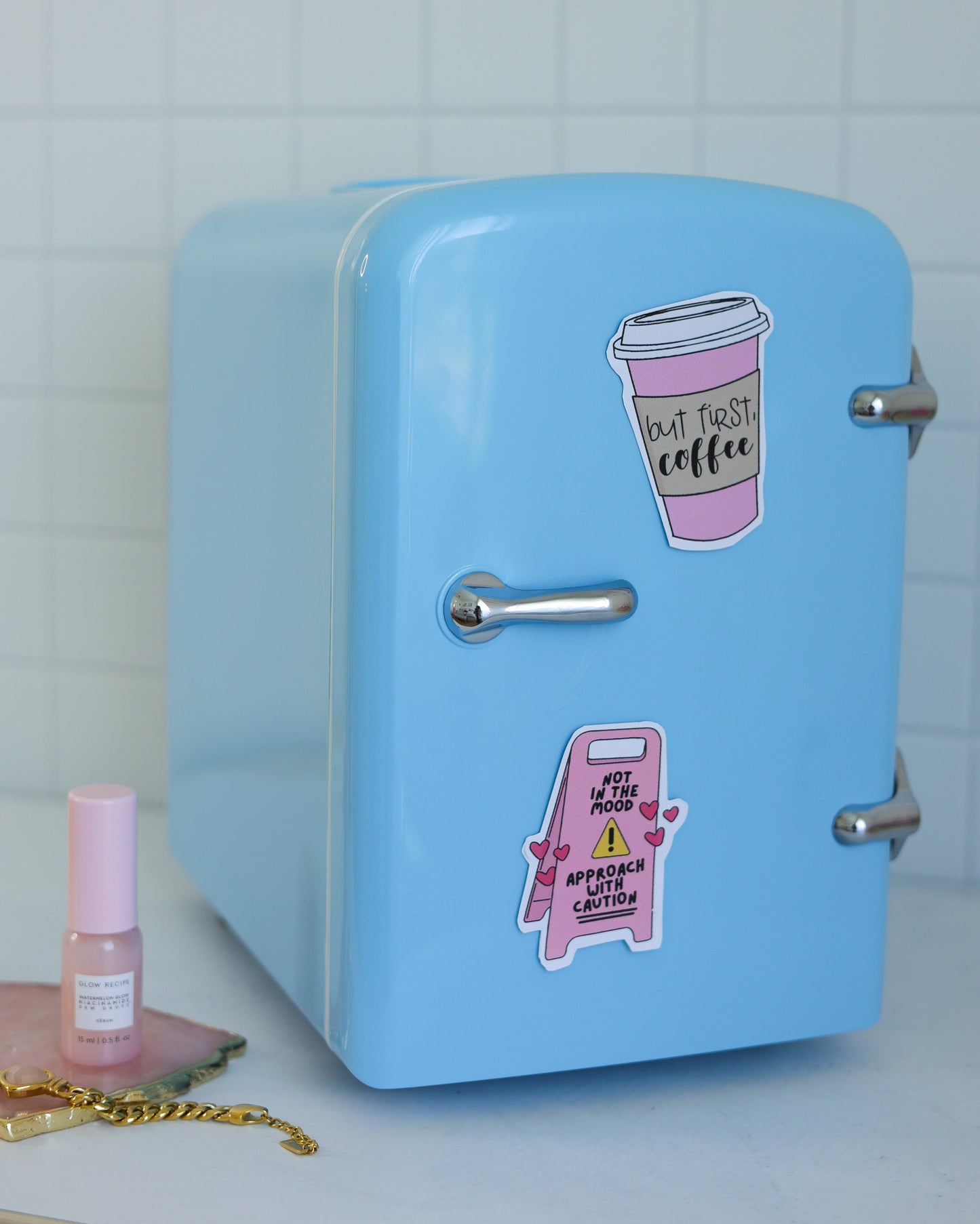 Cool Girl Fridge in daydream blue – styled on vanity desk with skincare, and aesthetic vinyl stickers