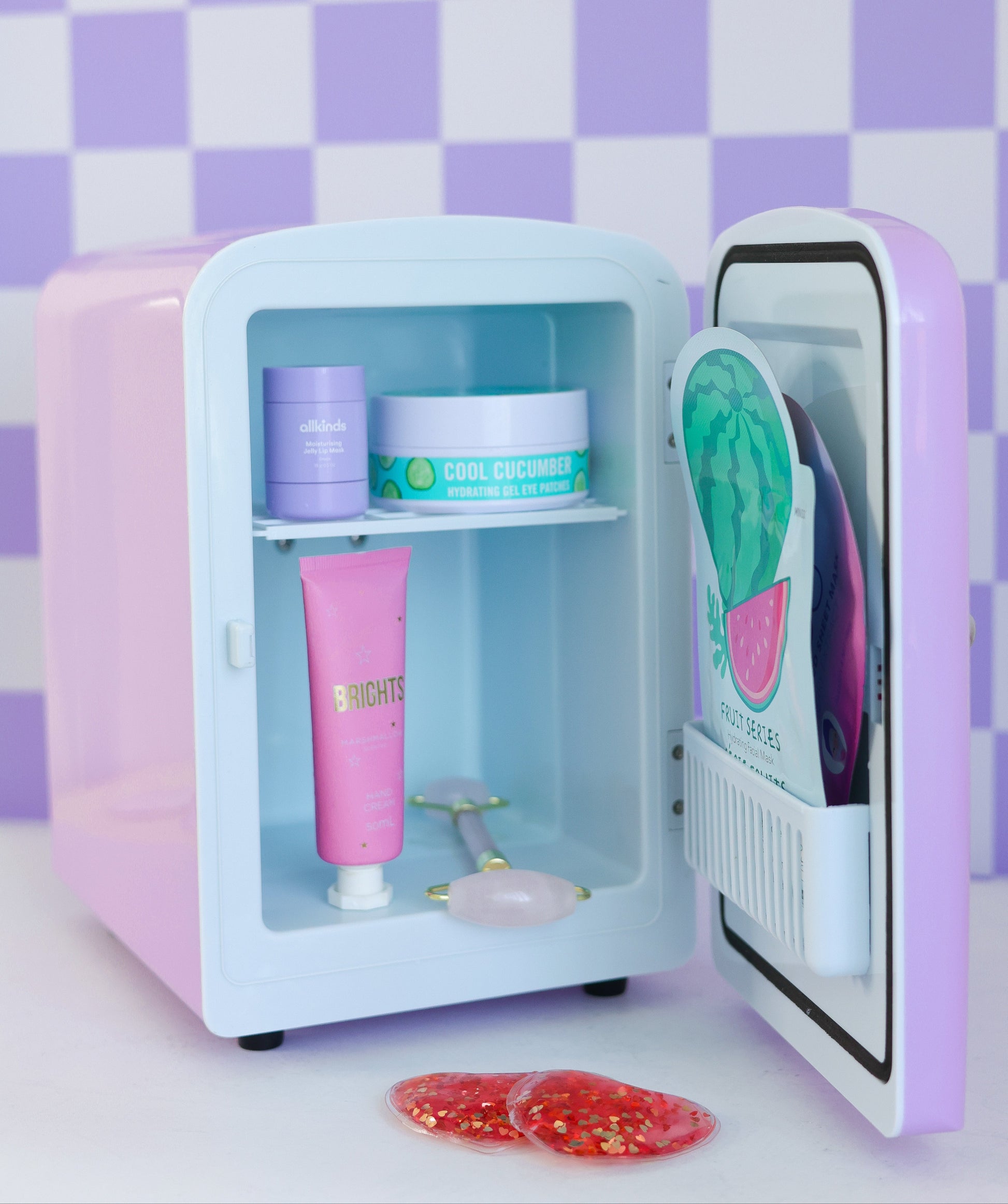 Cool Girl Fridge in lilac lavender – styled on vanity desk with skincare