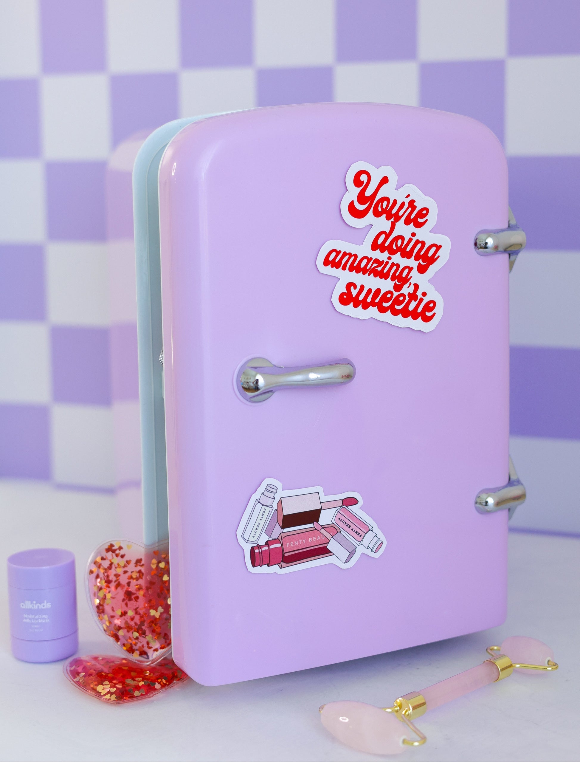 Cool Girl Fridge in lilac lavender – styled on vanity desk with skincare, and aesthetic vinyl stickers