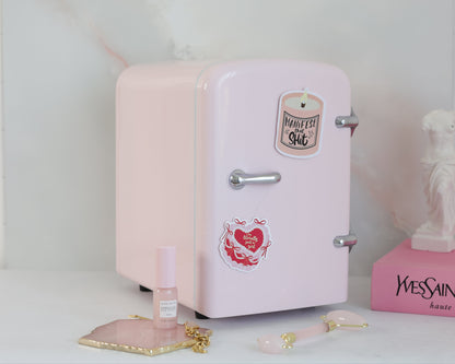 Cool Girl Fridge in blossom pink – styled on vanity desk with skincare, and aesthetic vinyl stickers